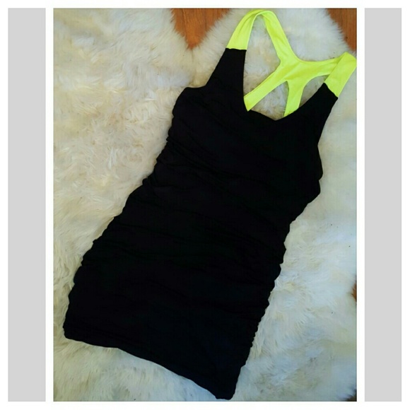 NWOT Black & Neon Ruched Mini Dress