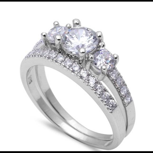 Sterling Silver 3 Stone CZ Ring with Matching Band