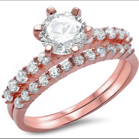 Rose Gold Plated Silver Cz Wedding Engagement Set - Picture 1 of 4