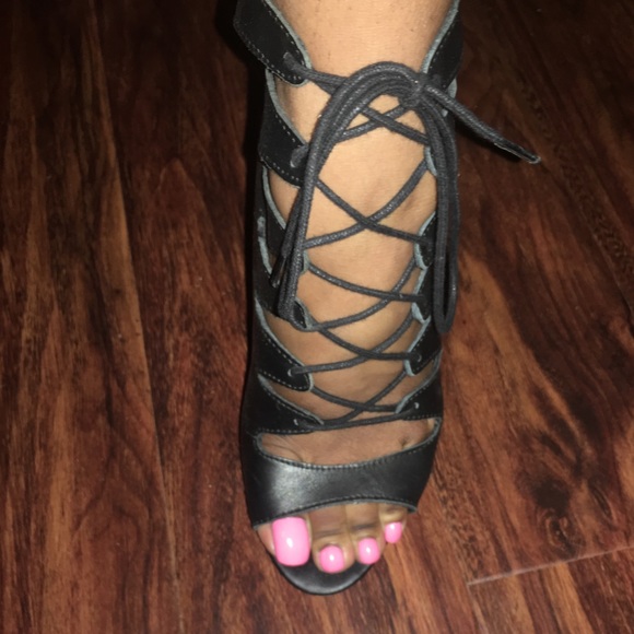 Black Leather Lace-Up High Heel Booties