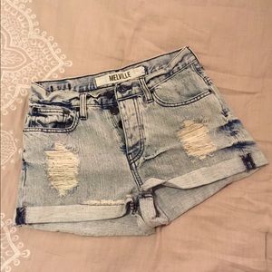 High waisted, light wash jean shorts