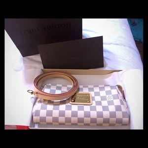 Louis vuitton eva clutch in damier azur, with box