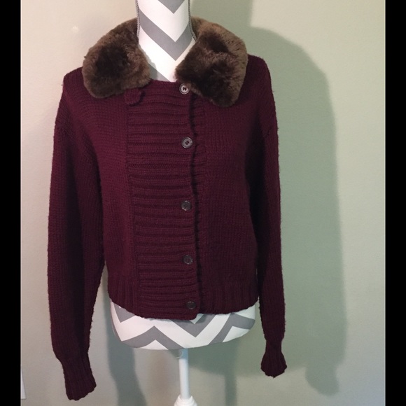 Burgundy Cardigan w/ faux fur trim
