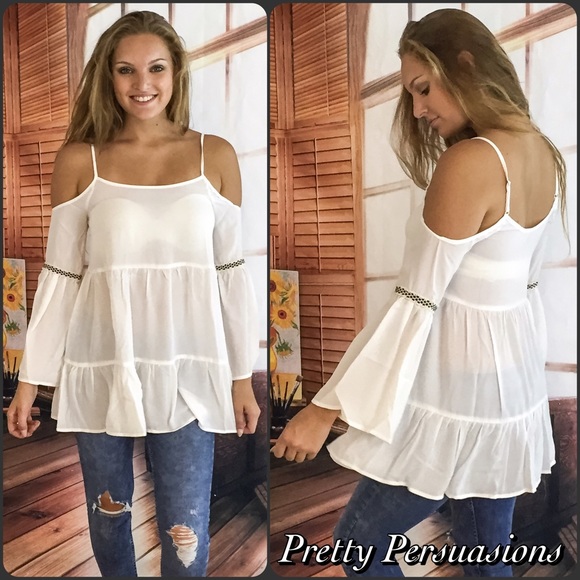 CLEARANCE‼️ Bell Sleeve Cold Shoulder Sheer Top - Picture 2 of 4