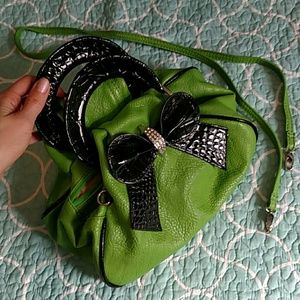 Green and black bow leather handbag purse