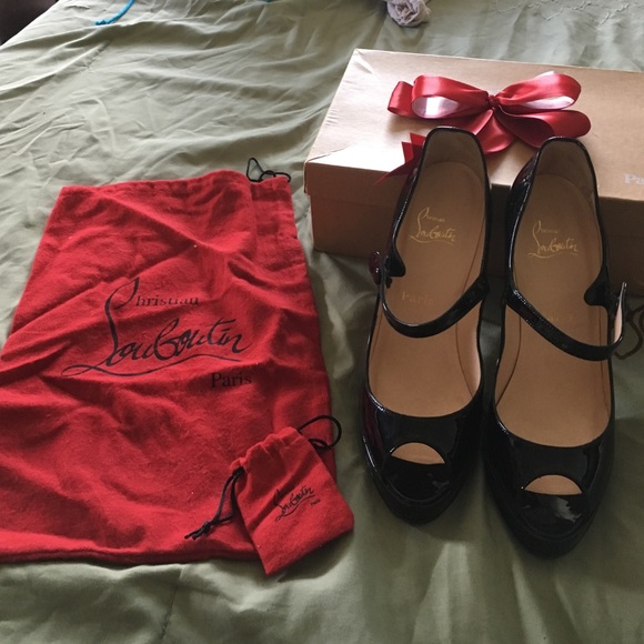 Christian Louboutin patent black peep toe heels