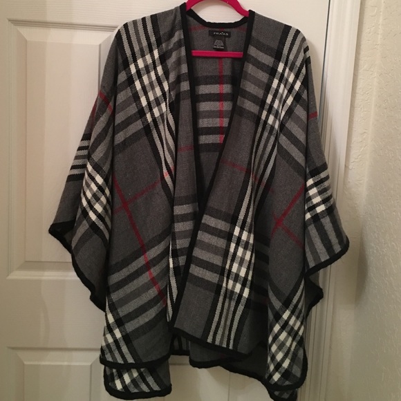 Plaid open front poncho