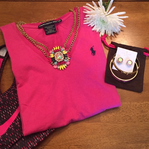 ❗LOWEST❗💥🆕 Pink V-Neck Ralph Lauren Sport T Shir - Picture 1 of 3