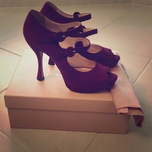 Open toe plum color suede pumps