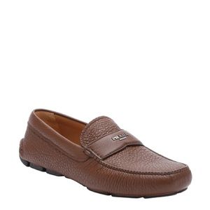 Prada 2D2170 Brown Pebbled Leather Logo Loafers