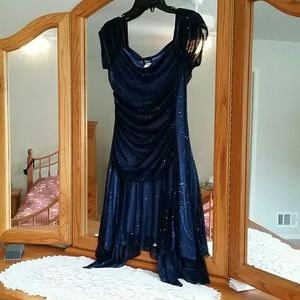 Sequined, ruched dress with handkerchief hem