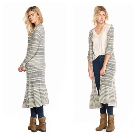 Free People Grey Long Cardigan Peplum Sweater