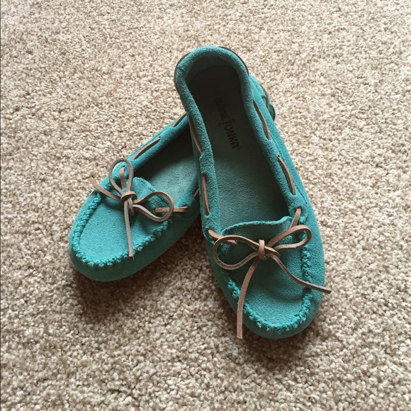 Minnetonka Leather Moccasins Teal Blue/Gray 6.5