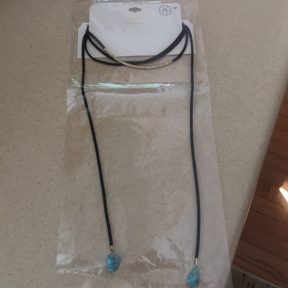 1 LEFT•Black Suede Wrap Choker w/Turquoise Stones• - Picture 2 of 4