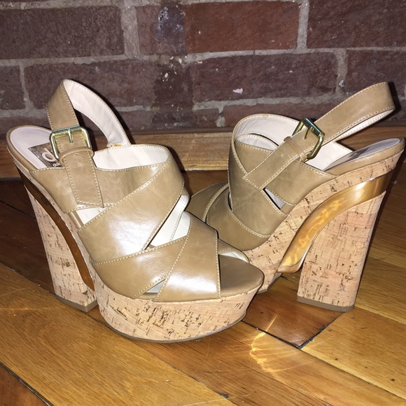 Tan leather cork wedges