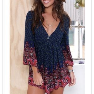 Navy Long Sleeve V Neck Vintage Print Playsuit