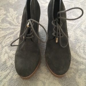 Army green suede wedge booties