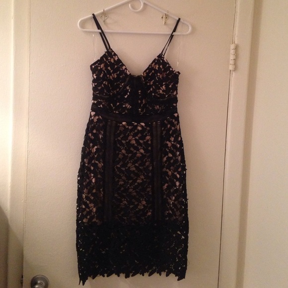 Black midi lace overlay dress with nude slip
