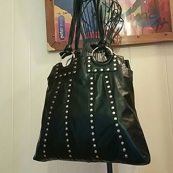 The Find Handbags - Black Leather Studded Shoulder Tote