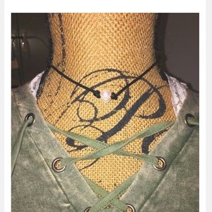 Boho suede leather pearl choker necklace