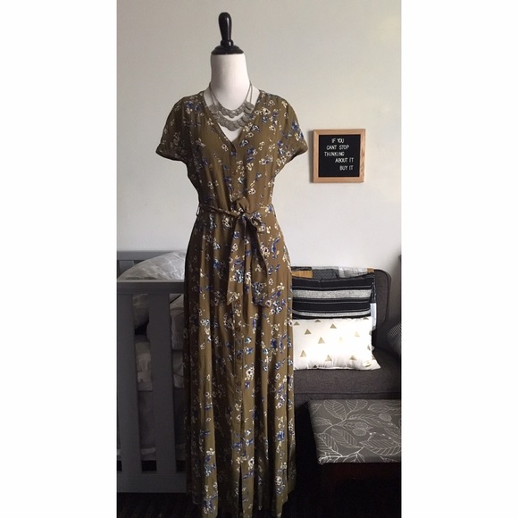 Bar III maxi olive green button down floral dress