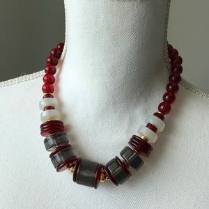 Vintage red, grey, white &a gold lucite necklace