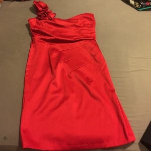 One shoulder red satin dress