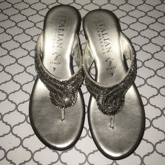 Silver beaded wedge sandals