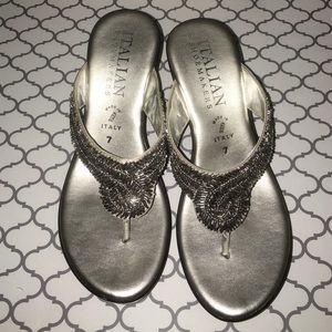 Silver beaded wedge sandals