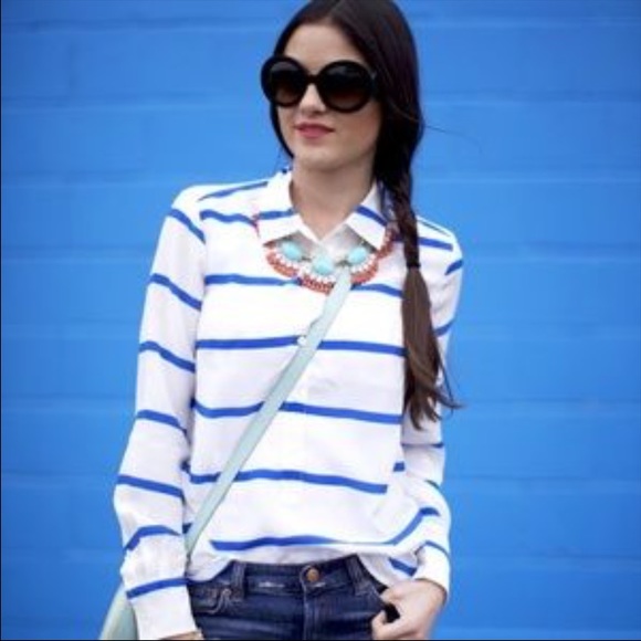 Jcrew silk pullover blouse blue and white stripe