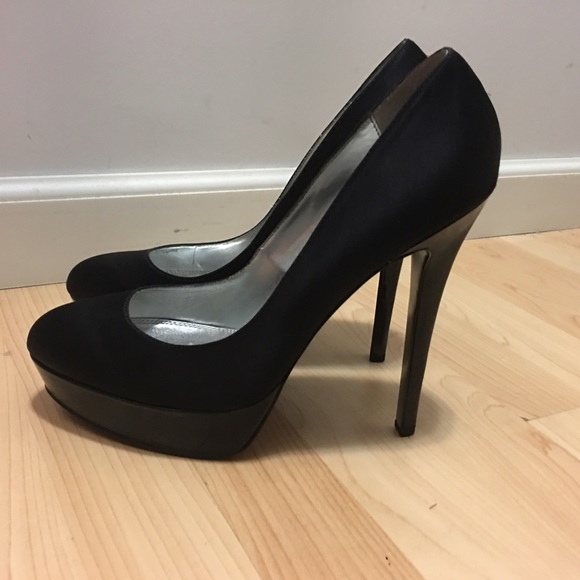 bebe Shoes Bebe Bailey Black Satin High Heel Pumps