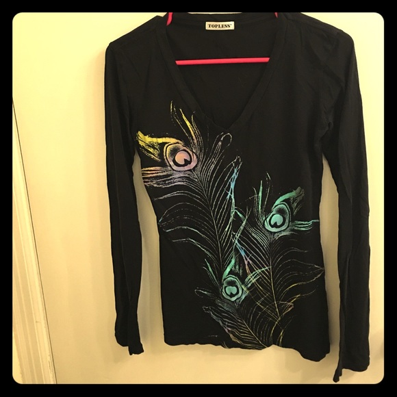 Topless Tops - TOPLESS brand Peacock Feather long sleeve v-neck