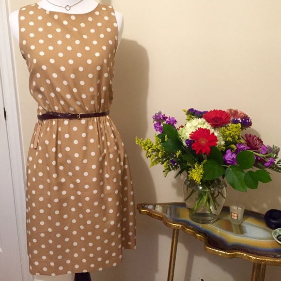 tan and white polka dot dress