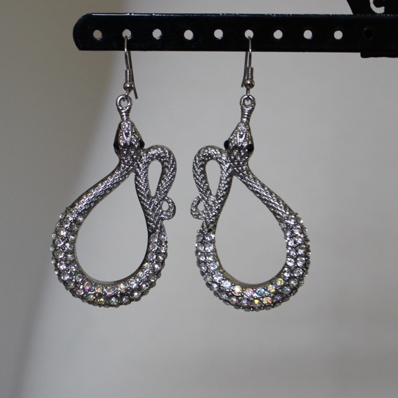 Vintage 90s silver rhinestone snake earrings - Picture 2 of 4