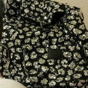 Pink Victorias Secret Black and Silver Backpack