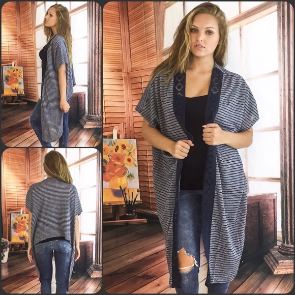 Striped Navy Gray Cascading Kimono Cardigan - Picture 4 of 4