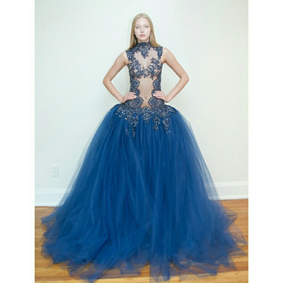 Couture Hand Beaded Lace and Tulle Illusion Gown - Picture 2 of 4