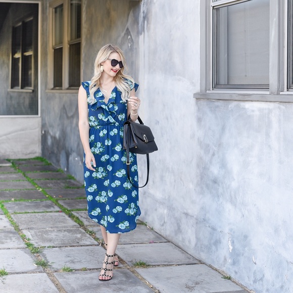 Navy Floral Wrap Midi Dress