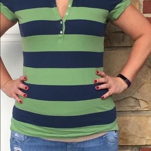 American Eagle Green and Navy striped polo