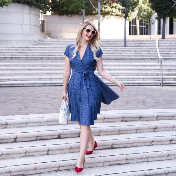 Blue Wrap Front Midi Dress