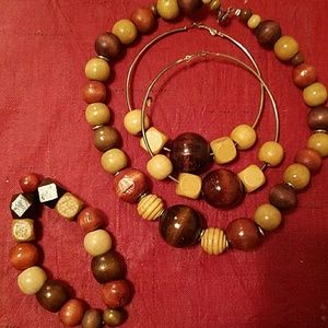 Necklace, earrings and bracelet- wood beads