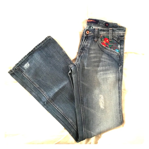 Floral embroidered pocket detail denim