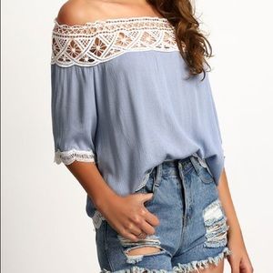 Blue Boat Neck Lace Crop Top
