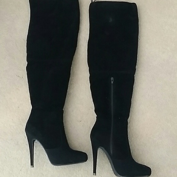 Suede thigh high heeled booties