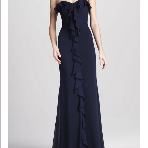Badgley mischka navy blue silk ruffle front gown