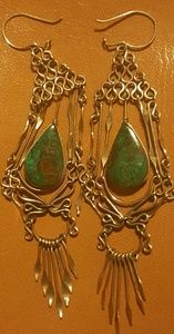 Vintage Silver Earrings Hippy Boho Green Stone