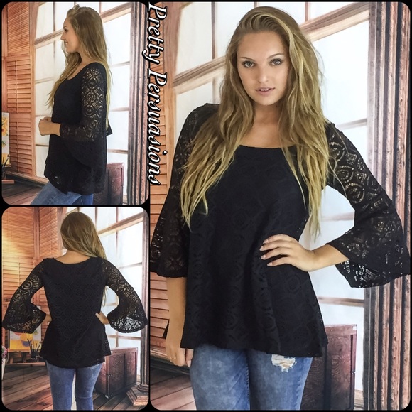 LAST ONE! NWT Black Lace Bell Sleeve Top - Picture 2 of 4