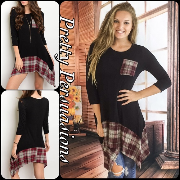 NWT Black Plaid Asymmetrical Hem Tunic Top - Picture 4 of 4