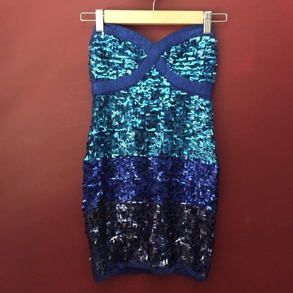 Strapless sequin body-con cocktail dress.