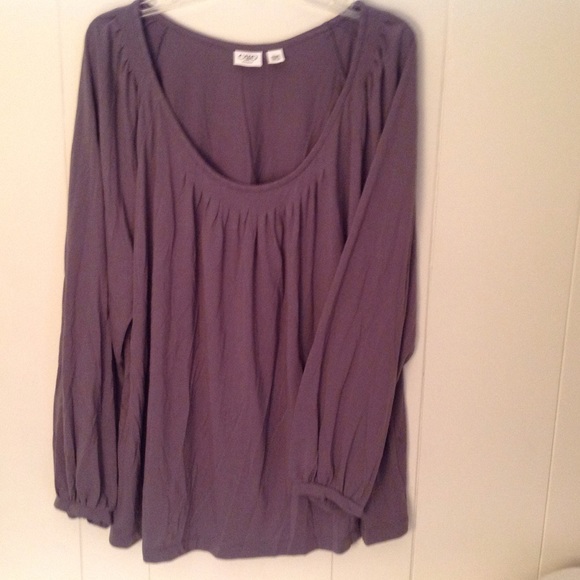 Long sleeve gray blouse.